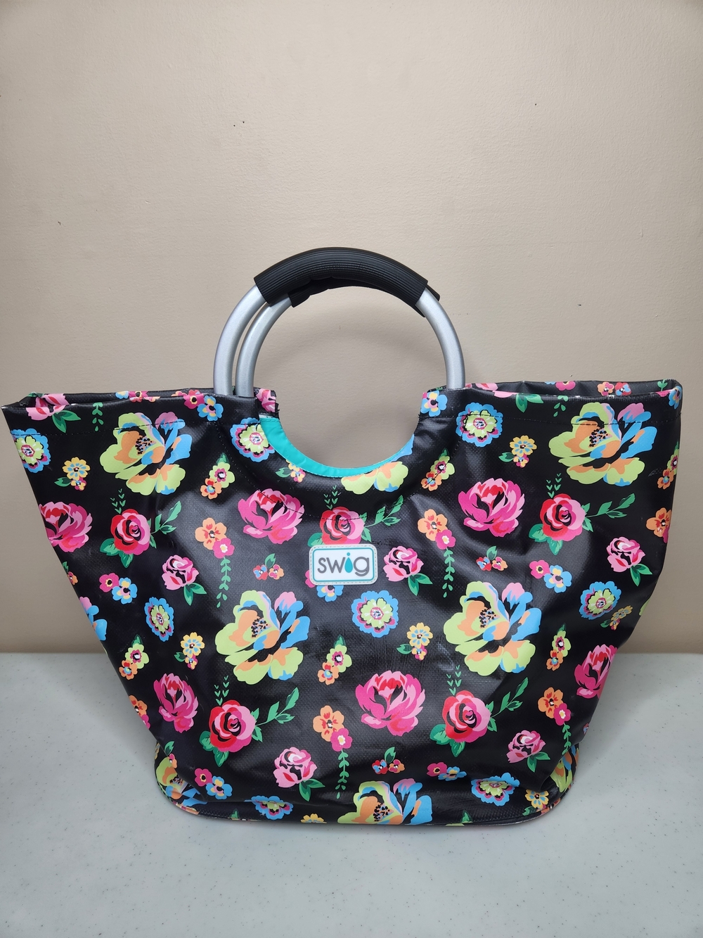 SWIG Life Floral Tote Bag Black Multicolor Flowers Turquoise Lining